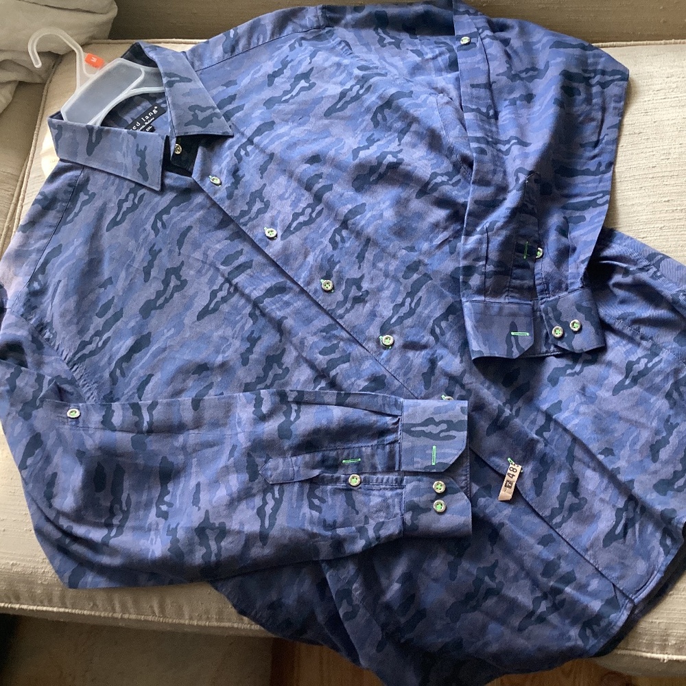 JARED LANG LONG SLEEVES BUTTON DOWN BLUE CAMO PRINT ITALIAN COTTON FABRIC SZ XXL